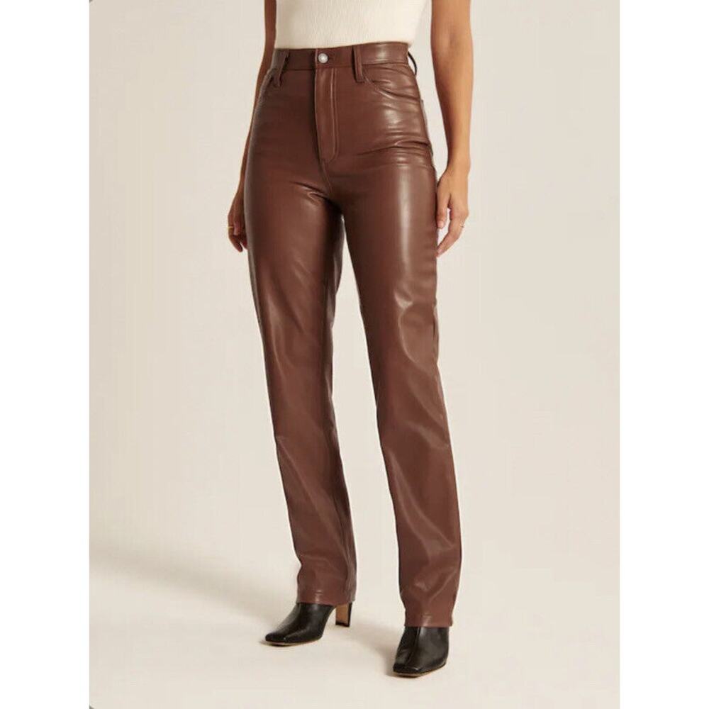 Abercrombie Vegan Leather 90’s Straight Leg Ultra High Rise Size 32 Long BROWN